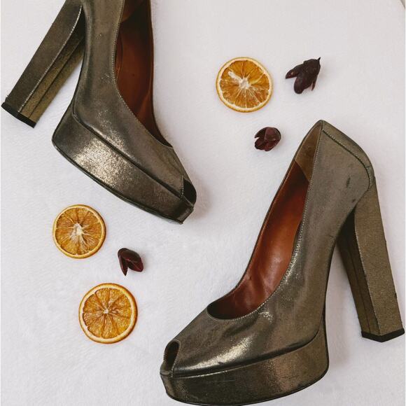 Lanvin Womens Shoes Gold Lamé Fabric Platform Pumps Peep Toe Size 39 Block Heel - Picture 1 of 10